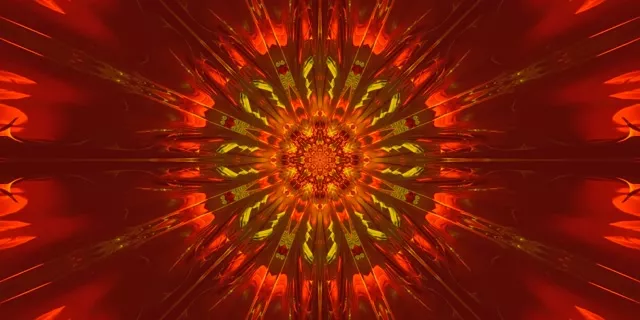 انفجار كاليدوسكوب أحمر وذهبي متوهج مع أشعة نيون متماثلة تشع من المركز، تخلق تأثير نفق ناري مذهل