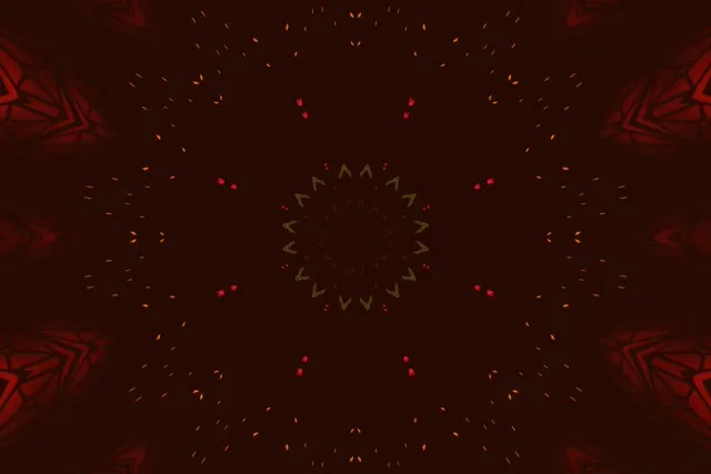 Patrón de caleidoscopio mandala neón rojo y dorado irradiando desde el centro con rayos geométricos simétricos, bucle VJ abstracto