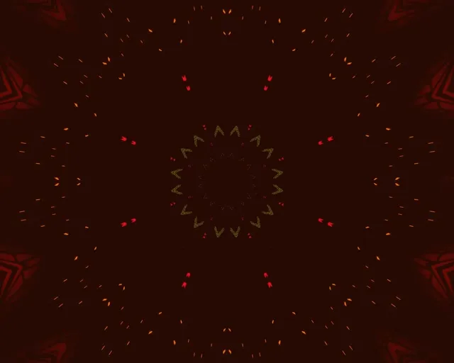 Crveno i zlatno neon mandala zvijezda uzorak koji zrači iz centra sa blesavim česticama, taman industrijski VJ loop pokretni pozadina