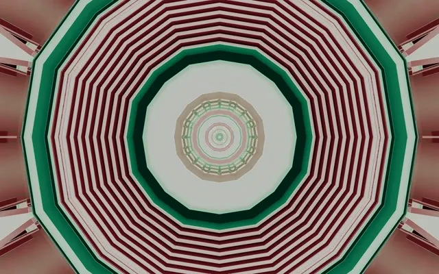 Hypnotischer achteckiger Neontunnel mit konzentrischen rot-grünen Streifen und nach innen spiralierendem Wirbel, erzeugt eine faszinierende 4K VJ-Loop-Bewegung