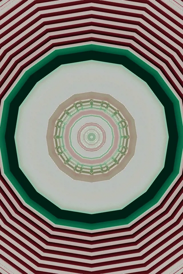 Ottagono concentrico rigato cremisi e bianco che circonda cerchi geometrici annidati verde e camoscio con anelli centrali rosa, creando un affascinante effetto vortice tunnel neon in loop VJ 60fps