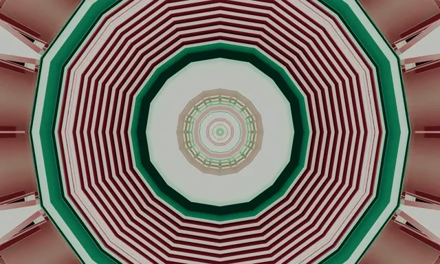 Neon zortzikono tonela kontzentrko, gorri-berdea espiral zurrunbiloa, abstract 4K VJ begizta fondo