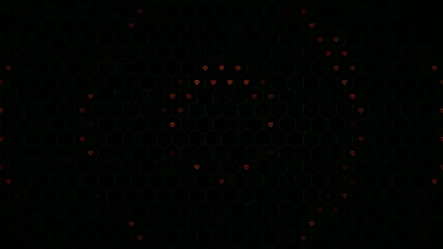 Red Hearts Floating on Dark Hexagonal Grid Background