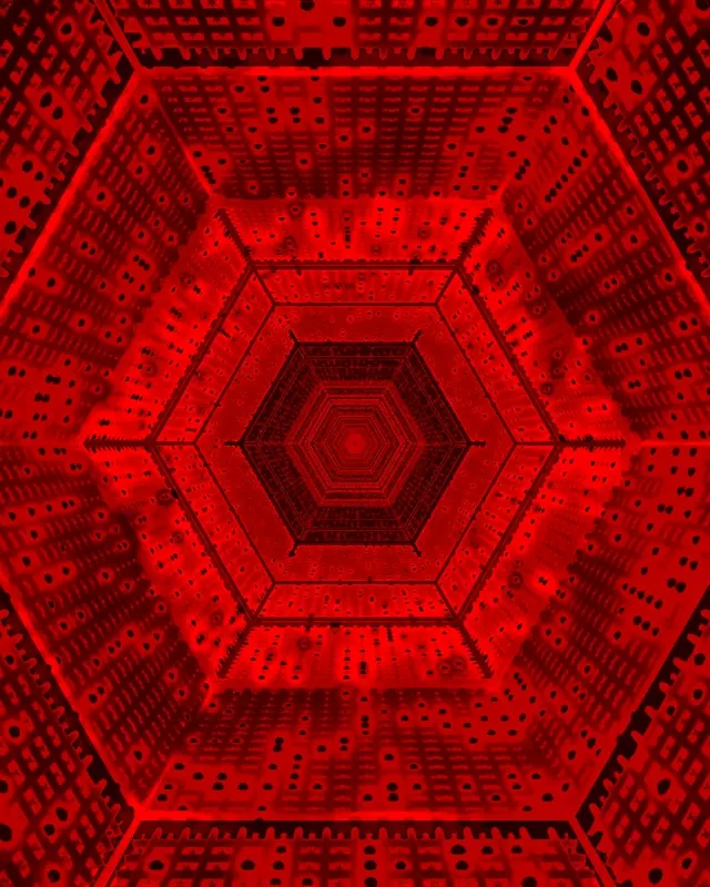 Czerwony neonowy tunel heksagonalny ze warstwami geometrycznymi, intensywne światło i ciemny wzór perforowany, nieskończona pętla VJ