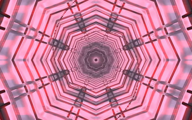 Rožinė neon aštuonkampė tunelis su koncentriniais geometriniais žiedais, spiralės žiedams vedant į šviesų sūkurį, hipnotinis VJ loop efektas