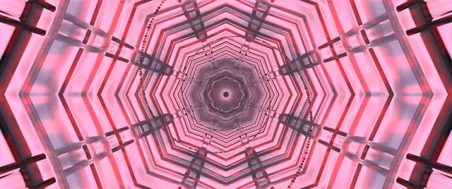 Różowy neonowy tunel ośmiokątny ze współśrodkowymi wzorami geometrycznymi spiralującymi do wewnątrz, tworząc hipnotyzujący efekt wiru. Abstrakcyjna pętla VJ 4K z symetrycznymi jasnorózowymi i ciemnoszarymi liniami.