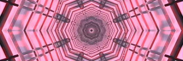 Symmetrische roze en zwarte achthoekige neontunnel die spiraalgewijs naar binnen voert, hypnotiserend vortex met gloeiende geometrische lagen in 4K 60fps VJ-lus