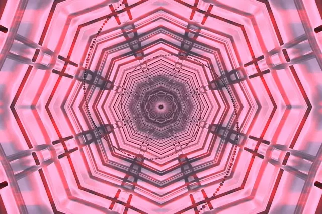 Soustředný růžový neonový osmiúhelníkový tunel spirálovitě směřující ke středu, geometrické pozadí pohybu vortexu s šedou mřížkou, smyčka VJ 4K