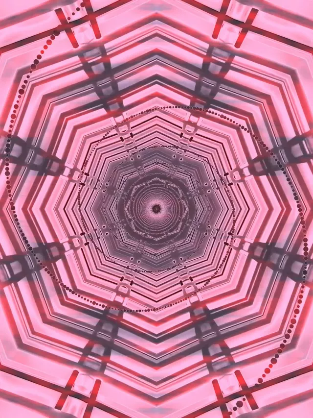 Kontsentrilised roosa ja lilla kaheksanurgalised neontunnelid spiraalina sissepoole geomeetriliste mustrite ja tumedate võrgustiiniida joontega