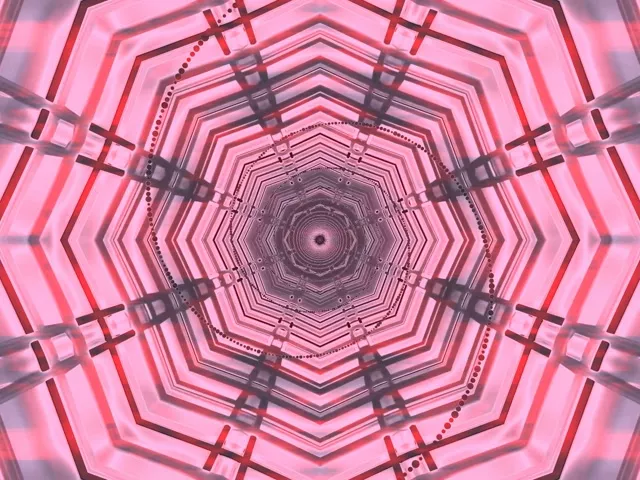 Simetriskais rozā-sarkans neona astoņstūru tunelis, kas rada hipnotizējošu virpuļa modeļu ar spilgtiem ģeometriskiem slāņiem un tumšiem metāla akcentiem šajā abstraktajā VJ cilpā.