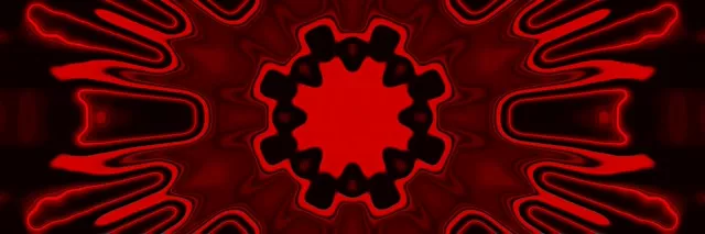 Symmetrischer roter Neon-Sternausbruch, der vom Zentrum ausstrahlt, abstrakter VJ-Loop mit geometrischen Spitzen und Tunneltiefeneffekt