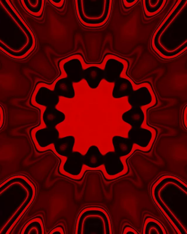 Czerwony świecący tunel neonowy z pulsującym geometrycznym wzorem mandali gwiazdy, kształty koncentryczne tworzą nieskończoną głębię wirów, pętla VJ 60fps