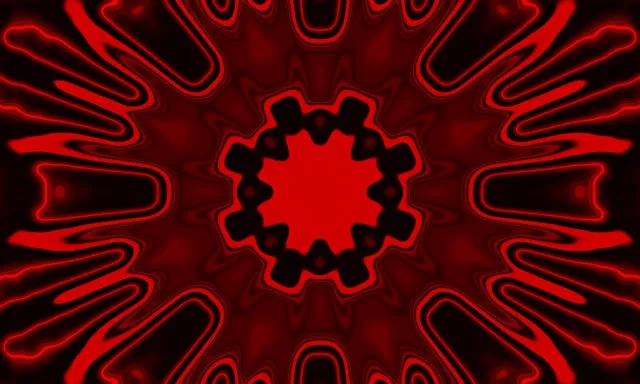 Spilgtošs sarkans pulsējošs mandala ar melnā zvaigzni centrā, radiālas neonas līnijas izveido dziļo tuneļa efektu, 4K VJ cilpa