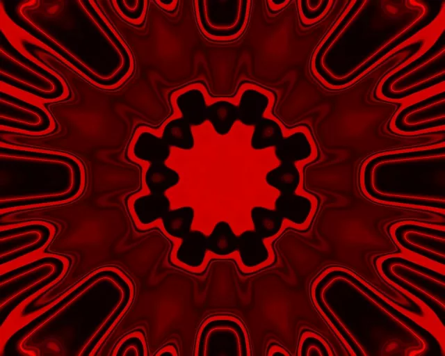 Heksagon neon merah cerah dengan cahaya berdenyut memancar dari pusat, dikelilingi pola terowongan simetris dengan garis merah bersinar pada latar belakang hitam, menciptakan VJ loop yang hipnotis