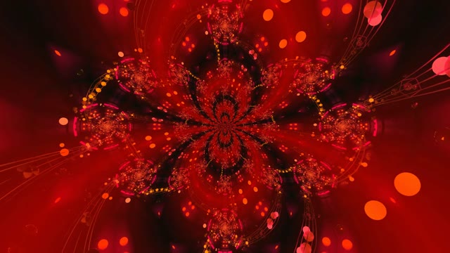 Red neon tunnel 60fps with radiant kaleidoscopic mandala patterns and...