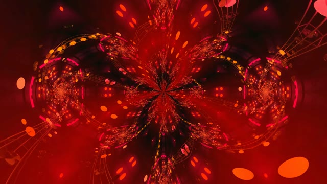 Red neon tunnel 60fps szimmetrikus geometrikus fénymintákkal és sugárzó maggal