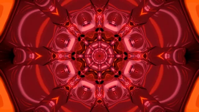 केंद्र से विकिरित कैलिडोस्कोपिक ज्यामितीय पैटर्न के साथ सममित लाल-गहरा लाल नियॉन टनल, चमकदार ट्यूबलर रूप अनंत गहराई प्रभाव बनाते हैं, 4K VJ लूप