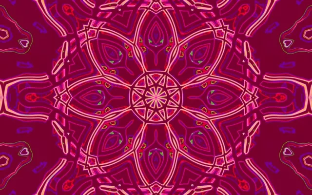 Merkezden ışın saçan parlayan geometrik şekillerle simetrik grimson ve macenta neon mandala deseni – hipnotik 4K VJ loop