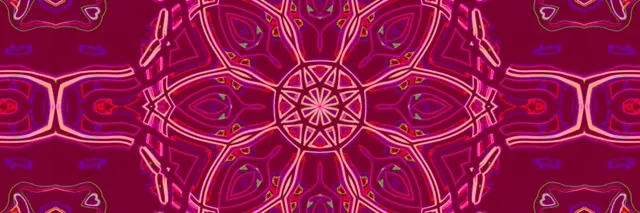 Simetrisks neona mandala tunelis ar magenta un rozā spīdošiem rakstiem, kas starojot no centra, dzīvs VJ cilts 60fps