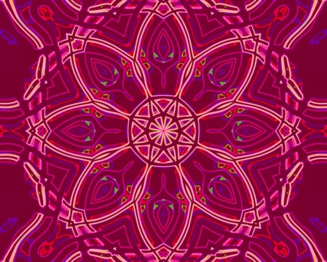 Živo magenta neon kaleidoskop mandala sa simetričnim geometrijskim uzorcima, zlatnim akcentima i sjajećim ružičastim linijama koje zraće iz središta. Apstraktna VJ petlja.
