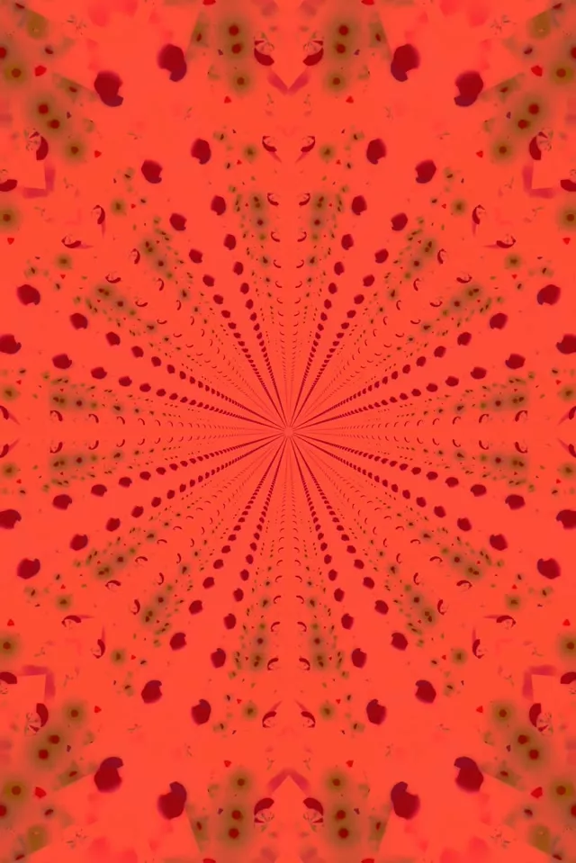 Maumbo ya almasi nyekundu wa mionzi yanakutana patia katikati ya kituo cha neon VJ KIF kinachomaka kung imara, kinachoundwa kwa kiwavi cha jiometri cha hypnotic na maunooni ya nyekundu na dhahabu wenye joto