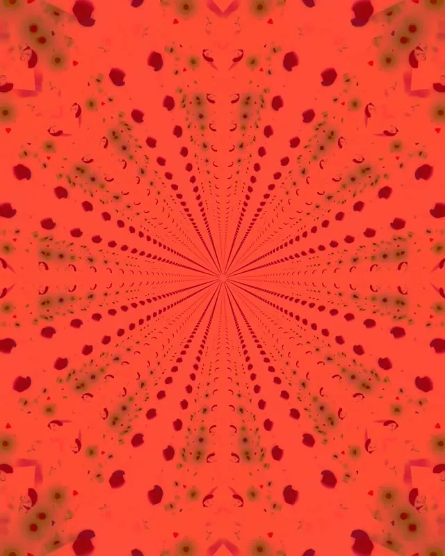 Promieniujący czerwony tunel neonowy spiralujący do centrum ze wzorem geometrycznym, ciemnoczerwone i wypalone pomarańczowe kształty tworzą efekt nieskończonej głębi dla VJ loop