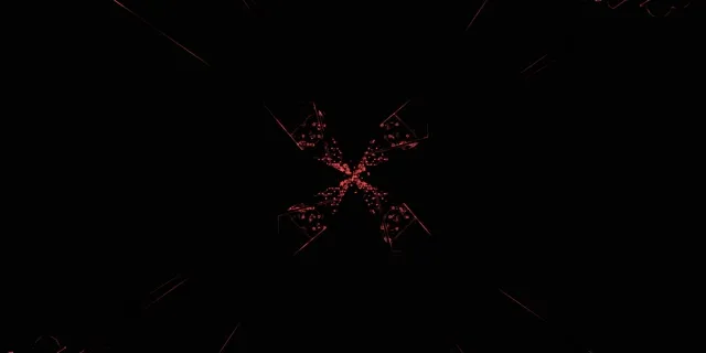 Kırmızı ışıl yıldız patlaması neon tüneli merkezden genişleyen, 4K VJ döngüsü parlayan parçacıklar ile