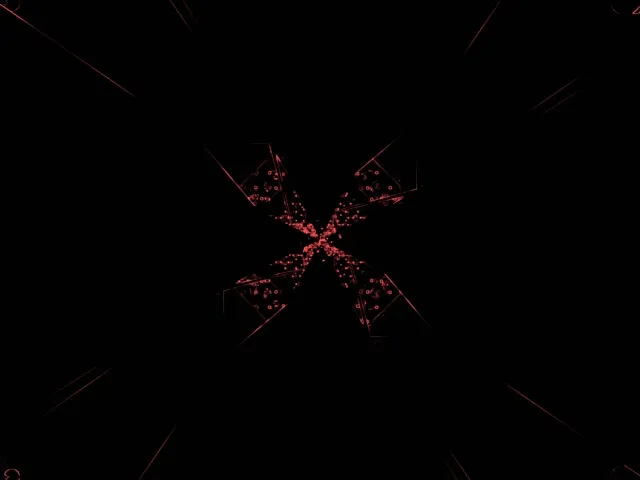 ستاره قرمز ضربان دار با پرتوهای نور نئون تابشی بر پس‌زمینه سیاه، حلقه VJ انتزاعی با الگوهای هندسی، صفحه نگهدار 4K 60fps