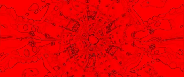 Tunnel néon rouge radial aux motifs géométriques kaléidoscopiques éclatant vers l'extérieur, créant un effet de vortex hypnotique au format cinéma pour les boucles VJ.
