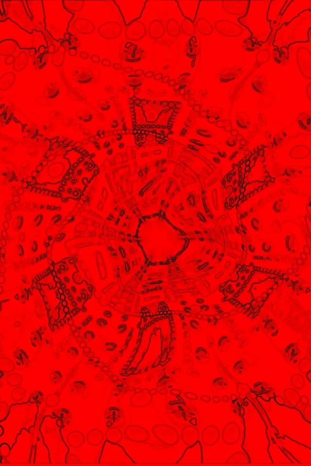 Maliwanag na pulang fraktal neon tunnel na may geometric patterns na umiiral sa labas, lumilikha ng walang hanggang VJ-loop effect para sa motion backgrounds