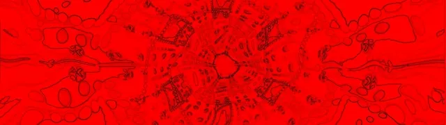 Terowong kaleidoskop fraktal neon merah dengan corak geometrik simetri yang memancar dari pusat, mencipta kesan pusaran dalam dalam gelung VJ ultrawide 4K