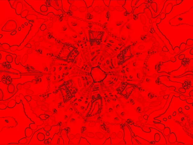 Gorri neon tunel distiratsu kaleidoskopio simetrikoa dutena barrutik espira egiten dena, VJ luzea mugimendu fondo abstraktua