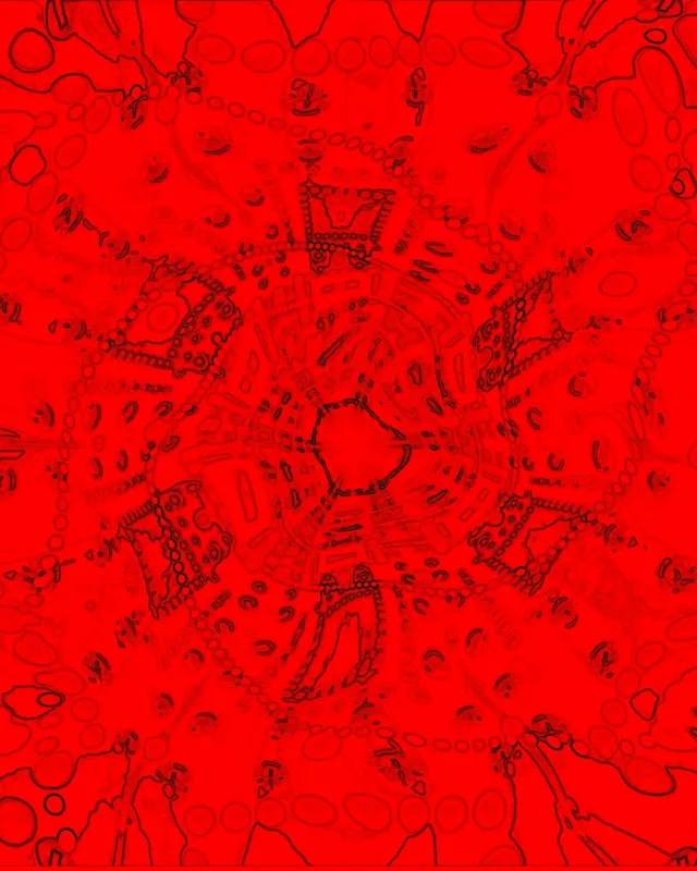 Ryškai raudona neoninė kaleidoskopu tunelio simetriškai geometriniais raštais, abstraktus VJ Loop judantis fonas 60fps