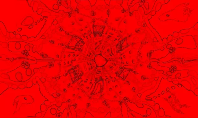 Crveni neon-kaleidoskopski tunel sa sijajućim geometrijskim uzorcima i simetričnim eksplozijama, apstraktna vrtložna petlja kretanja u 4K 60fps