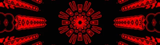 Symetryczny wzór czerwonego kalejdoskopu neonowego z pulsującymi formami geometrycznymi promieniującymi od centrum, tworząc hipnotyzujący efekt tunelu w pętli VJ 4K ultraszerokiej
