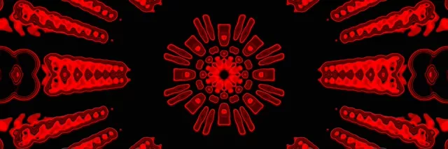 Symmetrisches rotes Neon-Burst-Muster mit strahlenden geometrischen Formen, die einen kaleidoskopischen Tunnel bilden, leuchtend auf schwarzem Hintergrund in 4K-Ultrabreit-VJ-Loop