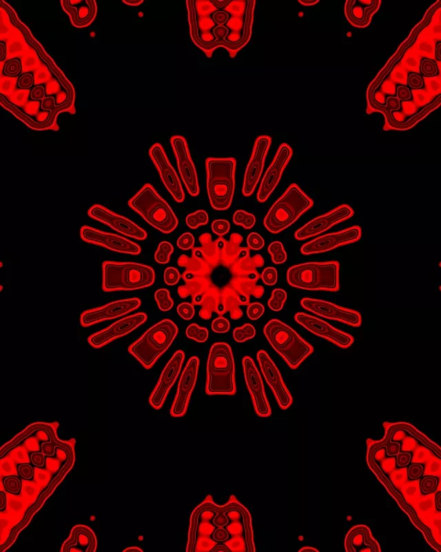 Symetryczny wybuch kaleidoskopu neon czerwonego z radialnym wzorem geometrycznym na czarnym tle, abstrakcyjna animacja VJ