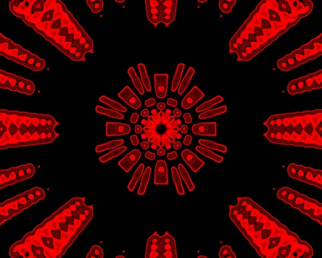 Terowongan kaleidoskop neon merah simetris dengan pola geometris bersinar dan efek ledakan pada latar belakang hitam. Loop VJ abstrak.