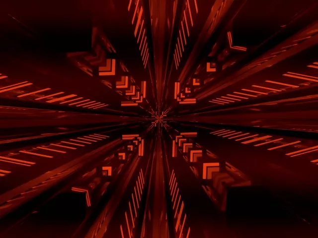 Czerwony tunel neonowy z symetrycznymi fraktalnymi wzorami geometrycznymi promieniującymi ze środka, tworzący efekt nieskończonej głębokości w pętli VJ 60fps