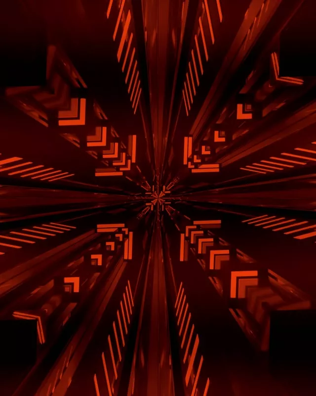 Piros neon alagút szögletes geometrikus kaleidoszkóp mintával, amely a középpontból sugároz, 60fps VJ hurok ragyogó narancs és sötét vörös szimmetrikus dizájnnal
