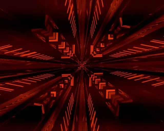紅色和橙色霓虹隧道，具有從中心輻射的棱角幾何圖案，創造深層3D渦旋效果。工業級屏保VJ循環動畫。