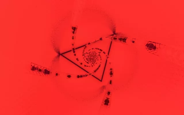 Raudonas spiralinis trikampis neoninių šviestuvų tunelis VJ ciklas su šviečiančiomis geometrinėmis formomis ir dalelėmis 4K abstrakčiame fone