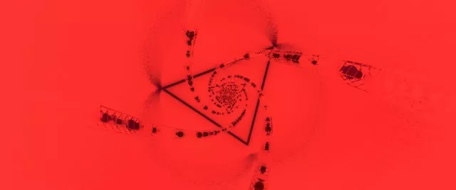 Terowong neon merah spiral dengan segi tiga geometri dan simbol swastika dalam gelung vorteks 4K sinematik