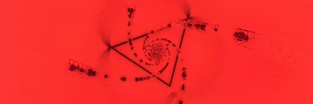 Červená špirálna trojuholníková geometria so žiarivými časticami v neon tuneli VJ loop, temne červené pozadie, 4K animácia