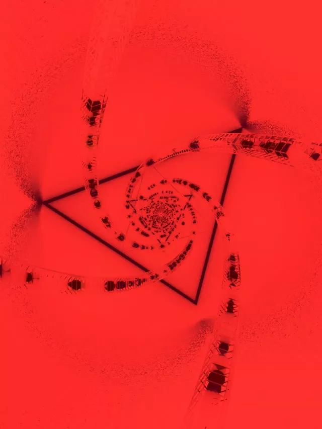 Punainen neon spiraalitriangeli pyörteineen ja kimaltelevine hiukkasina luoden hypnotiseeavan tunneliefffektin syvän punaisen taustan päällä, 60fps VJ silmukka