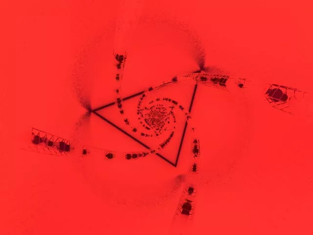 Vortex spiral rouge néon avec triangles géométriques lumineux convergeant en tunnel, boucle VJ abstraite 60fps