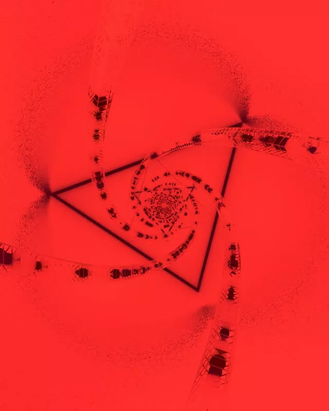 Spirală neon roșie cu triunghiuri geometrice și particule într-un tunel întunecat, fundal VJ abstract 60fps