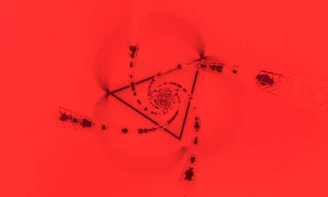 Gorri neon espiral triangelua geometriko pattern batekin gorri ilun fondo batean, VJ loop abstrakto mugimendua grafikoa