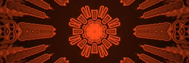 Tunnel néon mandala orange radiant avec centre pulsant, motifs géométriques symétriques et rayons de lumière rouge-orange lumineux s'étendant en boucle VJ ultra-large