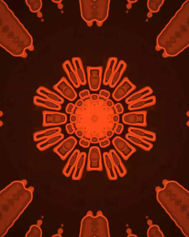 Promieniujący wybuch kalejdoskopu neonowego z symetrycznymi wzorami geometrycznymi promieniującymi od centrum, tworząc efekt nieskończonego tunelu - abstrakcyjna pętla VJ